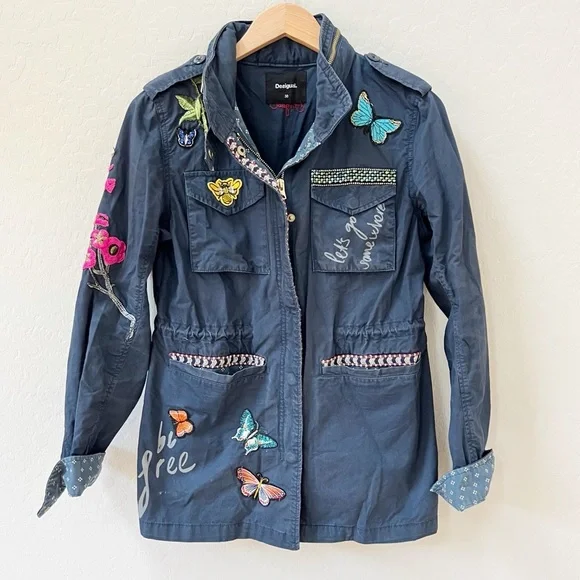 desigual pakaian jadi wanita navy utility jacket butterfly bird bee - Picture 2 of 14